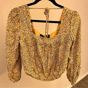 XS Blue Rain yellow floral peasant top with‎ balloon sleeves